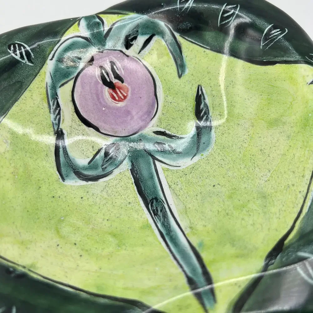 Posey Bacopoulos Pottery Majolica Square Bowl Candy Console Dish Green Pink 7